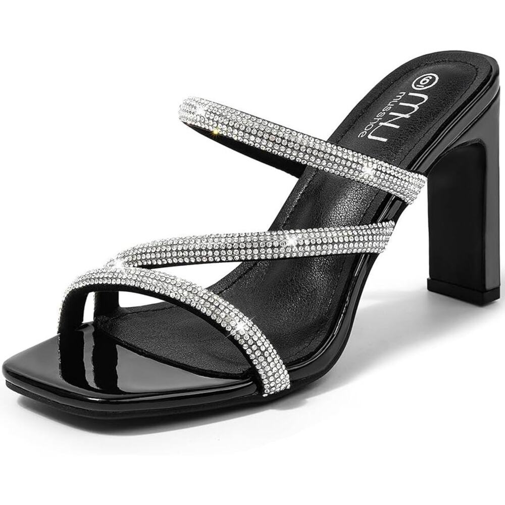 Women Rhinestone Strappy Heels Open Toe Slip On Sparkly Dress Sandals Size 8